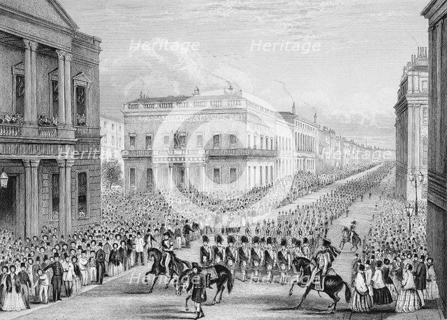 Wellington's funeral procession passing the Senior United Service Club, Pall Mall, London, 1852. Artist: Thomas Hosmer Shepherd