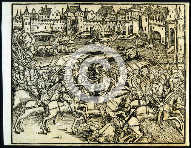 Engraving of the work 'The Fourteen Decades', Zaragoza, 1520, copy of the Mainz edition of 1505.  Creator: Tito Livio.