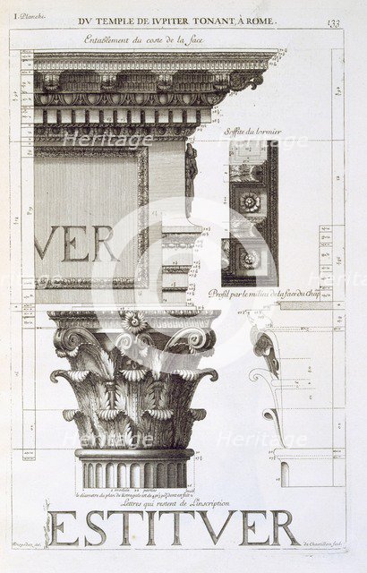 Entablature, capital and inscription from the Temple of Jupiter Tonans (The Thunderer), pub. 1682. Creator: Antoine Babuty Desgodets (1653-1728).