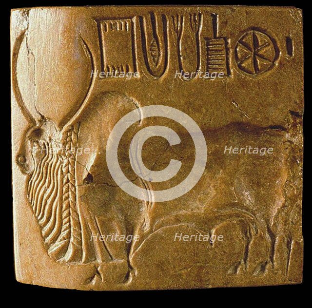 Zebu Bull Seal with Indus Script Found at Mohenjo Daro, Indus Valley , 3rd millenium BC. Creator: Indus Valley Civilisation.