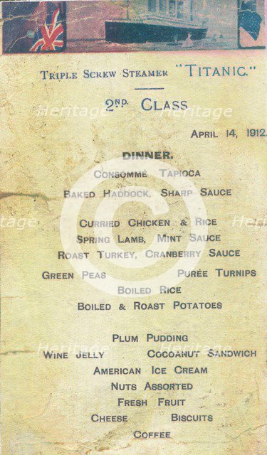 Titanic - 2nd Class Dinner Menu, 1912. Artist: Unknown.