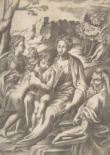 The Holy Family with Mary Magdalene and John the Baptist who embraces Christ, 1543. Creator: Giulio Bonasone.