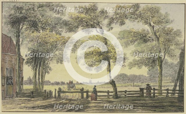House under trees, a woman at the gate, a wagon departing outside the fenced property. Creator: Hendrik Spilman.
