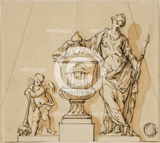Design for a Funerary Monument with Fate, Putto, and Urn, n.d. Creators: John Michael Rysbrack, Sir James Thornhill.