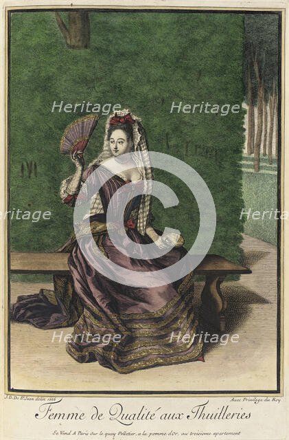 Recueil des modes de la cour de France, 'Femme de Qualité aux Thuilleries', 1686. Creator: Jean de Dieu.