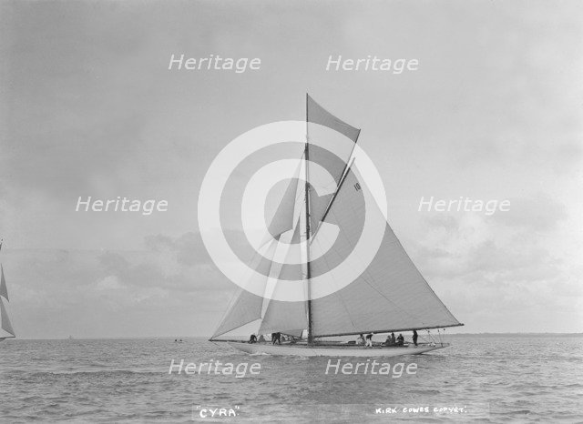 The 12 Metre gaff rigged 'Cyra', 1922. Creator: Kirk & Sons of Cowes.