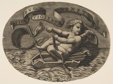 Eros escaping by sea using his bow to propel a boat made from his quiver with an ar..., ca. 1515-27. Creator: Marco Dente.