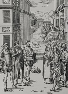 The town crier blowing his trumpet and the auctioneer, the public official in..., 1557, (1878).  Creator: Unknown.