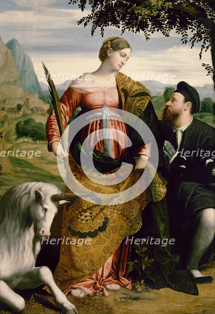 Saint Justina, Venerated by a Patron, ca 1530. Artist: Moretto da Brescia (ca 1498 - 1554)