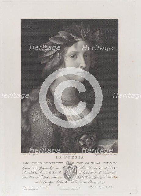 Poetry, a woman with a laurel crown, 1827. Creators: Raphael Morghen, Pietro Ermini.