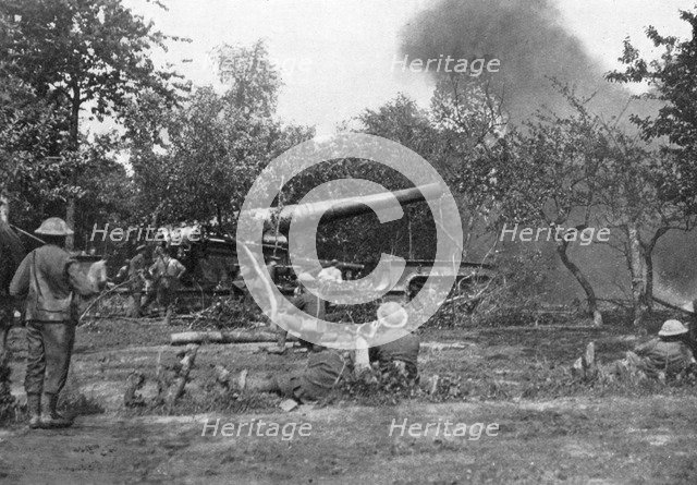 Big railway gun firing during the advance in the west, First World War, 1914-1918, (c1920). Artist: Unknown