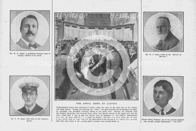 'The Awful News at Lloyd's', with portraits of some of those on board the 'Titanic', April 20, 1912. Creator: Unknown.