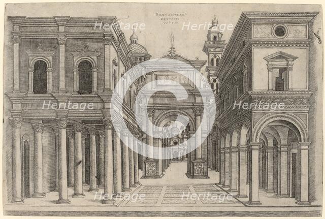 A Street with Various Buildings, Colonnades and an Arch, c. 1500/1510. Creator: Zoan Andrea.