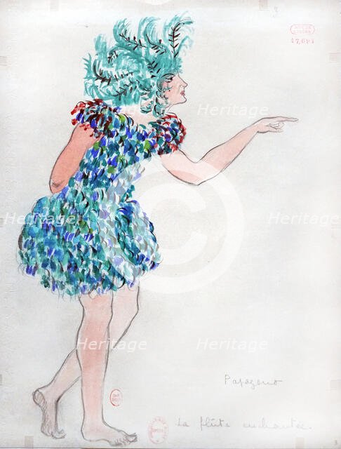 Papageno. Costume design for the Opera "La flûte enchantée" by W. A. Mozart, 1922. Creator: Drésa, Jacques (1869-1929).