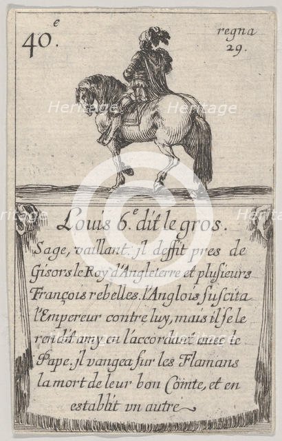 Louis 6.-e dit le gros / Sage, vaillant..., from 'Game of the Kings of France' (Jeu des Ro..., 1644. Creator: Stefano della Bella.