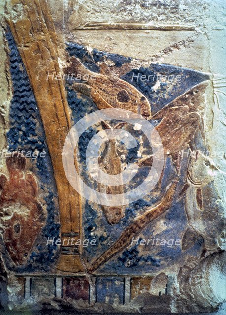 Polychromed marine relief carved and painted on limestone.