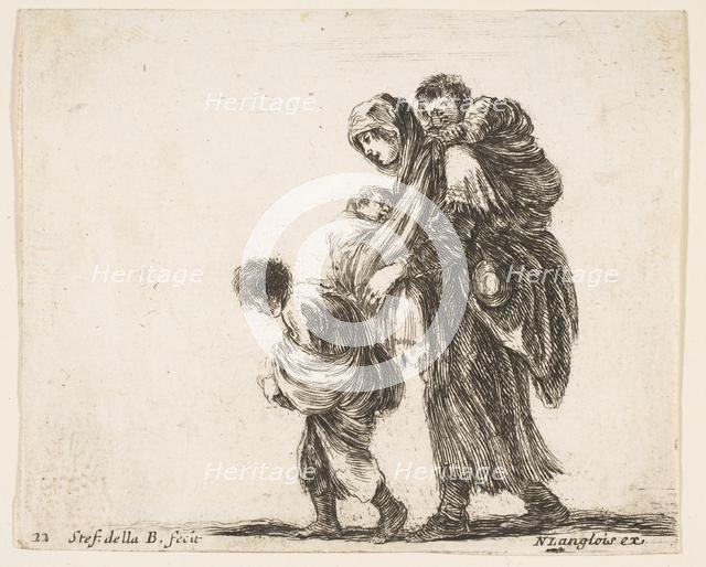 Plate 22: a beggar woman with three children, one child on her shoulders, one child..., ca. 1644-47. Creator: Stefano della Bella.