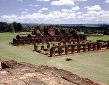 Ruins of the Reducción Jesuita de Trinidad, Indian houses and bell tower of the provisional churc…