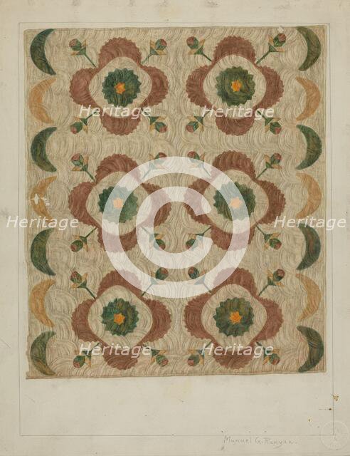 Applique and Quilted Coverlet, 1935/1942. Creator: Manuel G. Runyan.