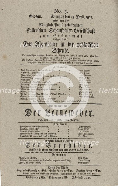 Theater playbill for "Das Abentheuer in der pohlnischen Schenke," "Der Leineweber"..., c1825. Creators: Petrn N Semenov, Louis Angely.
