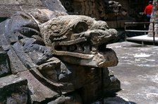 Teotihuacan, Temple of Quetzalcoatl, sculpture of the head of a snake emerging from a kind of ruf…