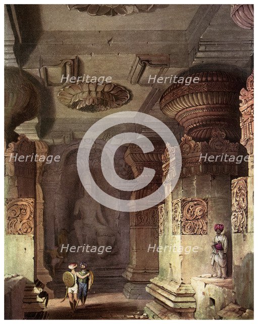 Interior of a cave temple, Ellora, Maharashtra, India, 19th century (1956). Artist: Unknown