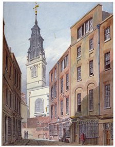 Church of St Michael, Crooked Lane and part of Crooked Lane, City of London, c1815.                  Artist: John Coney