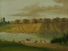 Hidatsa Village, Earth-covered Lodges, on the Knife River, 1810 Miles above St. Louis, 1832. Creator: George Catlin.