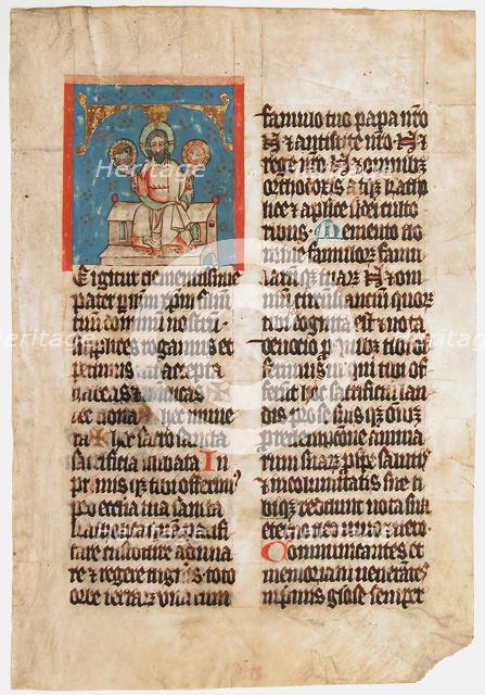 Manuscript Leaf with the Holy Trinity in an Initial T, from a Missal, ca. 1390. Creator: Unknown.