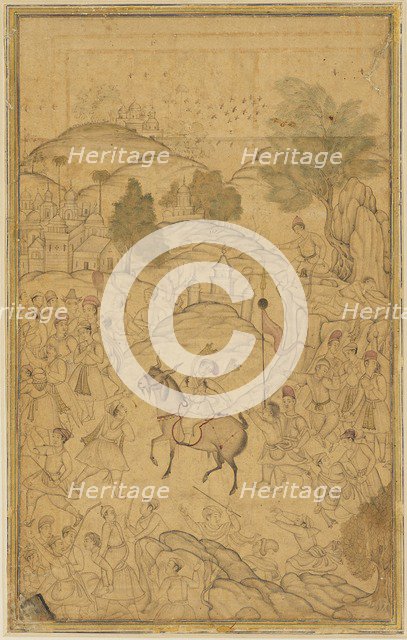 Crowd scene with mounted figure, 16th century. Artist: Unknown.