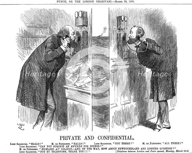 'Private and Confidential', opening of the Anglo-French telephone line, 1891. Artist: John Tenniel