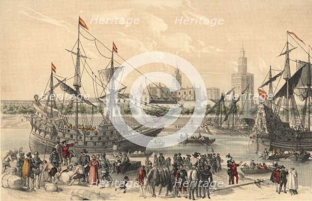 Francisco Pizarro preparing their ships in Sevilla, to go on an expedition to Peru.