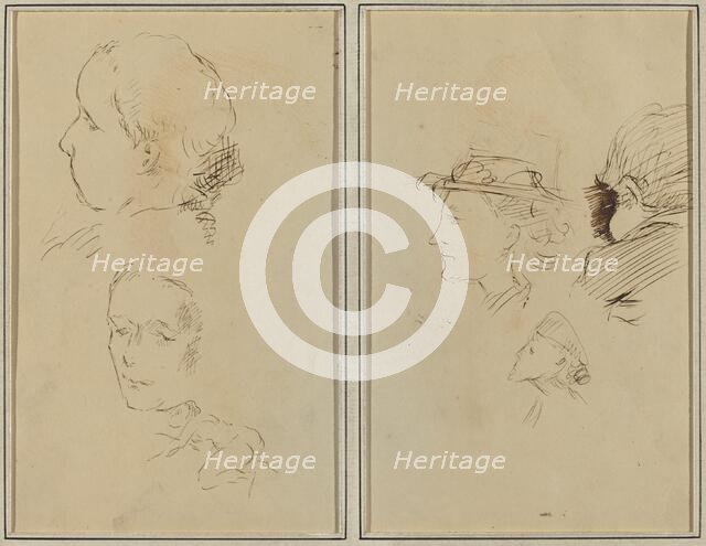 Two Head Studies and a Crouching Nude Woman; Two Women's Heads and a...[recto], 1884-1888. Creator: Paul Gauguin.