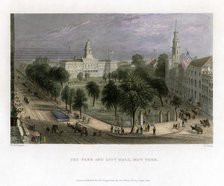 The Park and City Hall, New York, USA, 1838.Artist: S Lacey