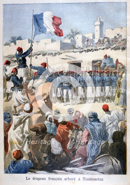 The raising of the French flag at Timbuktu, 1894. Artist: Frederic Lix