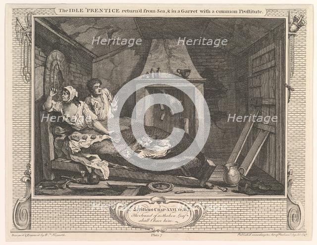 The Idle 'Prentice Returned from Sea and in a Garret with a Common Prostitute..., December 30, 1747. Creator: William Hogarth.