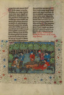 Hunters Feeding a Deer's Remains to Dogs; Livre de la Chasse, about 1430-1440. Creator: Unknown.