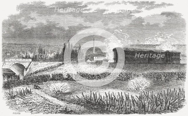 Defense of Paris against the Prussians, armored wagons of the railroad company during an action o…