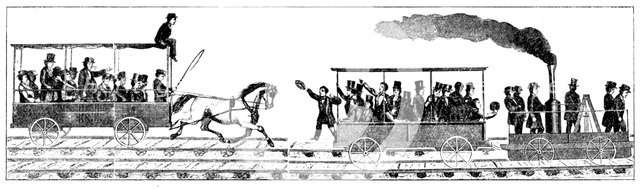 Race between Peter Cooper's locomotive 'Tom Thumb' and a horse-drawn railway carriage, 1829. Artist: Unknown