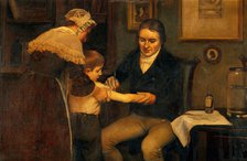 Vaccination: "Dr Jenner performing his first vaccination, 1796", c1910s. Creator: Ernest Board.