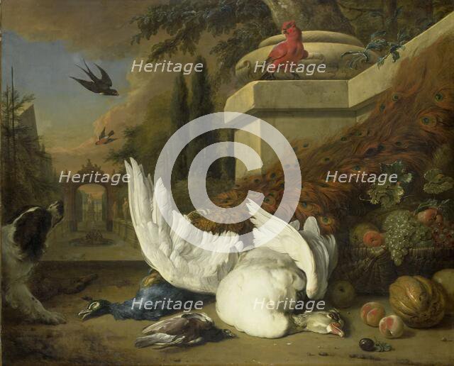 A Dog with a dead Goose and Peacock (A Study of Game and Fruit), c.1700. Creator: Jan Weenix.