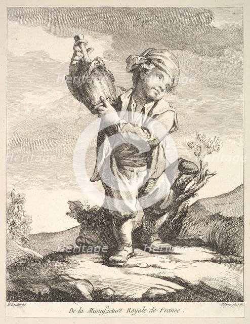 Little boy holding a vessel, from Premier Livre de Figures d'après les porcelaines de la M..., 1757. Creator: Pierre Etienne Falconet.