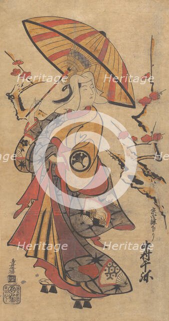 Actor Nakamura Senya as Tokonatsu in the Kabuki Play, "The Legacy of the Three-Comma F..., ca. 1716. Creator: Torii Kiyomasu I.