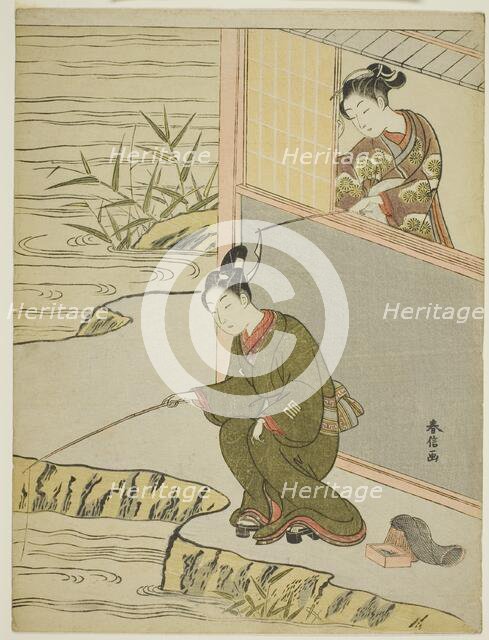 Beauty Teasing a Young Man Fshing, c. 1768. Creator: Suzuki Harunobu.