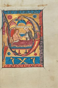 Initial D: A Woman Feeding a Leper in Bed; Psalter, about 1275-1300. Creator: Unknown.