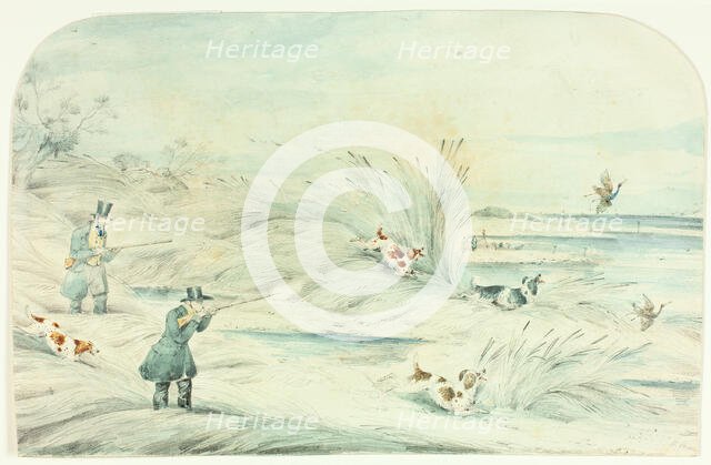 Hunt Crossing Stream Shooting Ducks, c. 1888. Creator: Unknown.