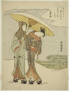 Young Couple Under an Umbrella in the Snow, c. 1770. Creator: Isoda Koryusai.