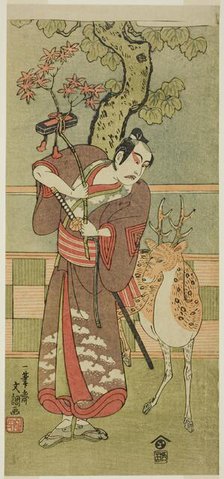 The Actor Ichikawa Yaozo II as Goi no Sho Munesada with a Deer, in the Play Kuni no..., c.1771. Creator: Ippitsusai Buncho.