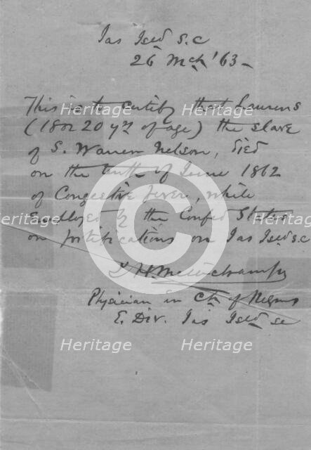 Doctor's certificate on death of slave Laurens while in the service of Confederate States..., 1863. Creator: Unknown.