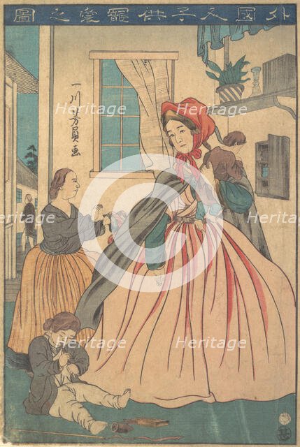 A Foreigner Enjoying Her Children, 1860 (10th month). Creator: Yoshikazu.